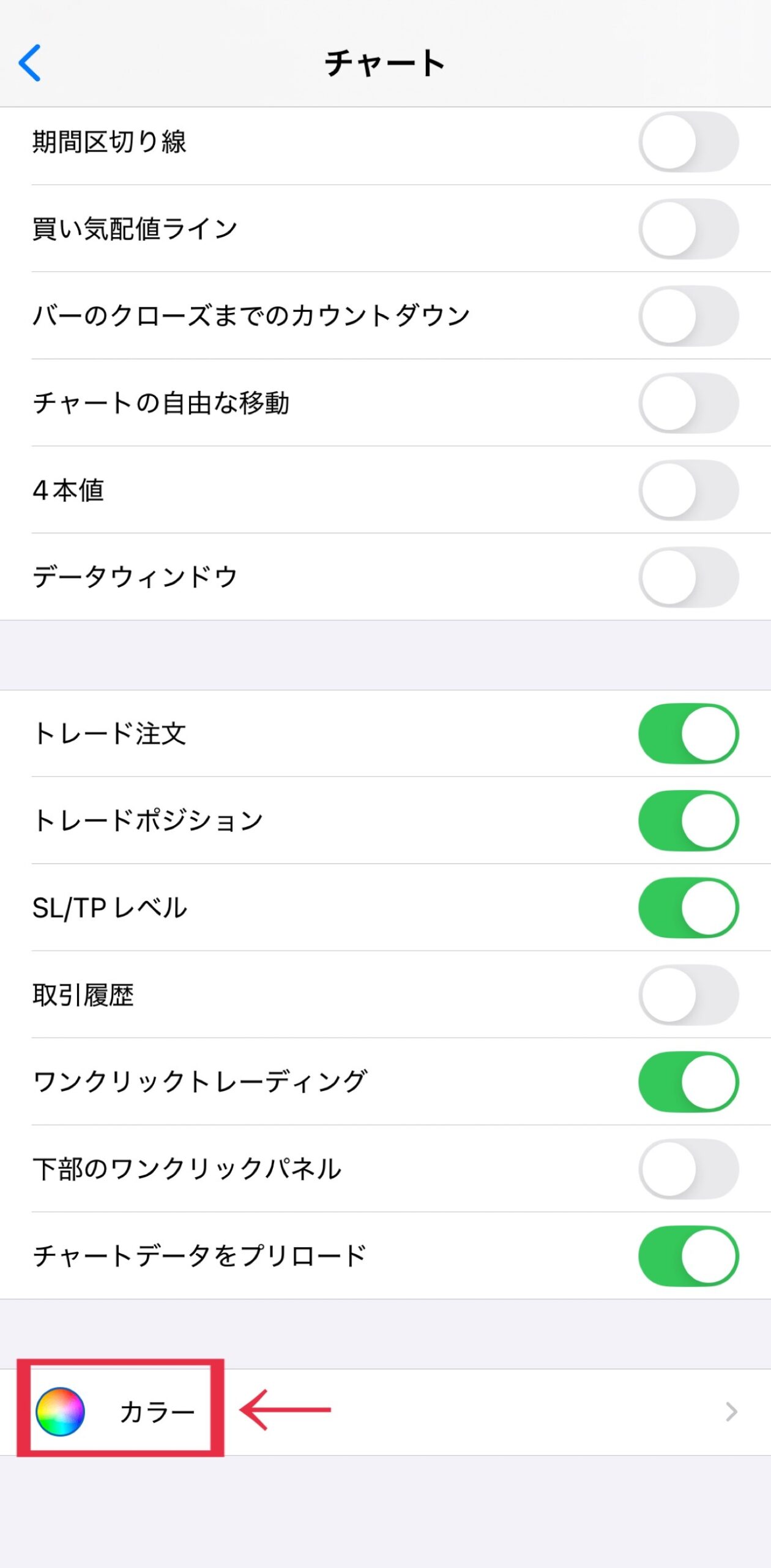 Color setting screen